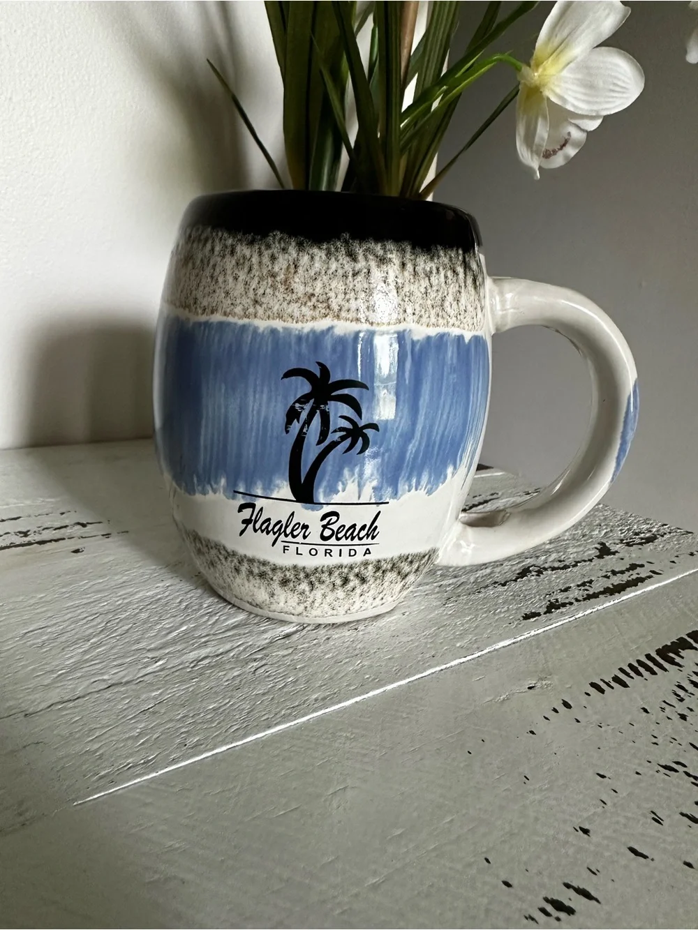 Blue & Cream Ceramic Palm Tree Mug with Coastal Coasters Bundle